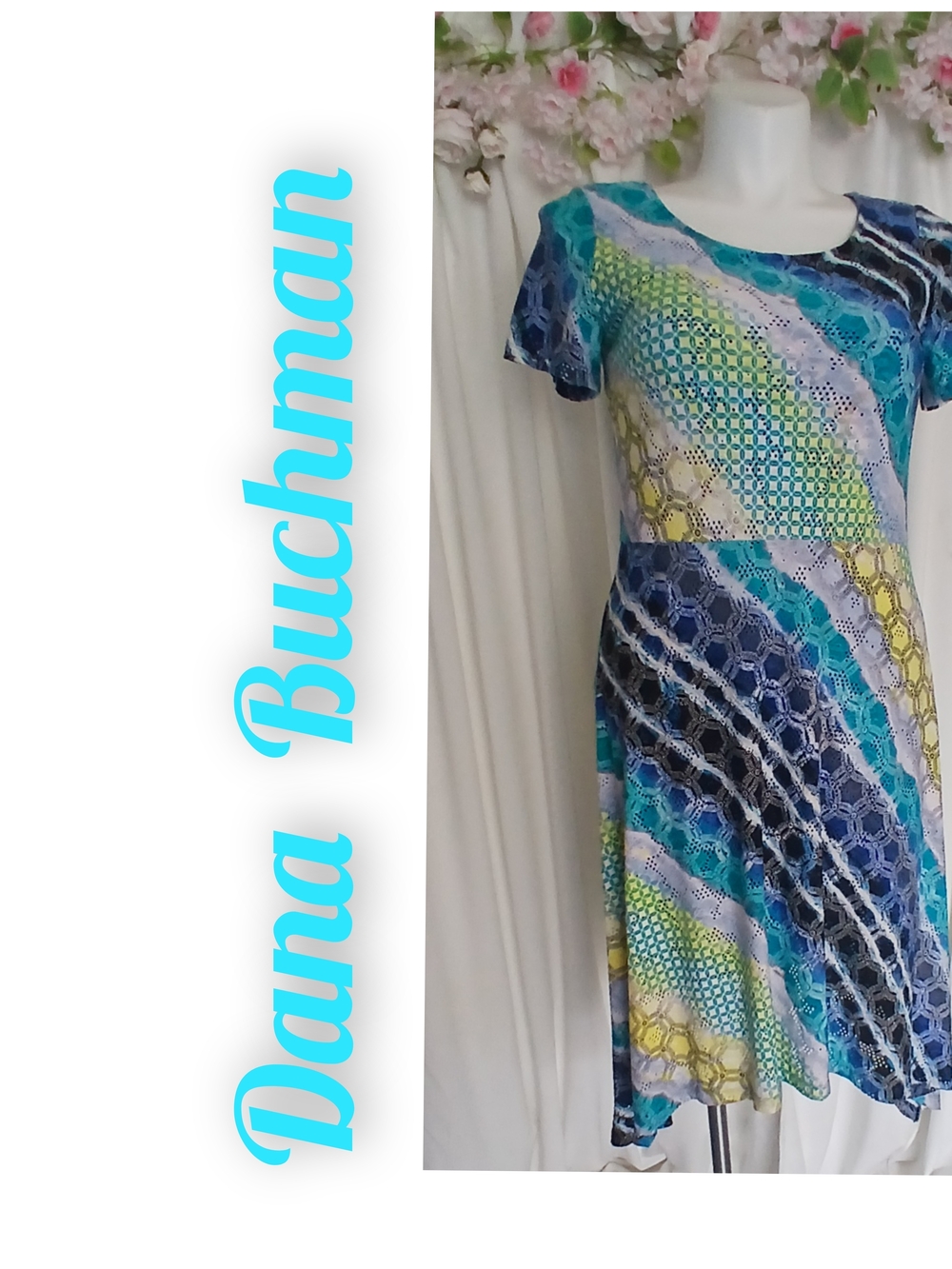 Dana Buchman Blue, Teal & Lime Patterned Short Sleeve Dress